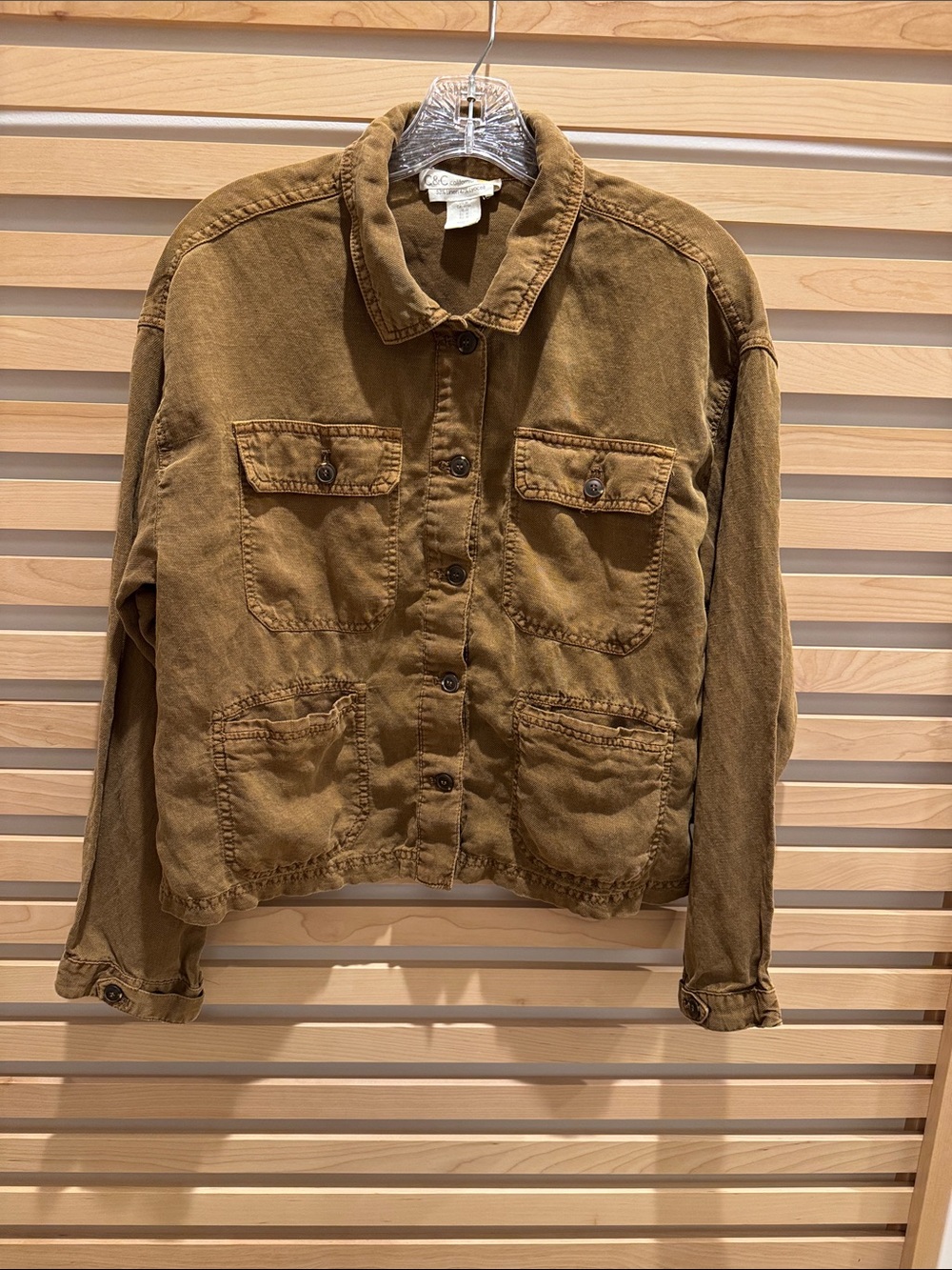 Casual Brown Cotton Jean Jacket with Patch Pockets